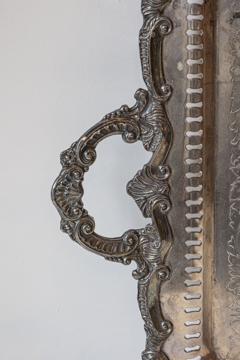 Early 20th Century English Silver Plate Serving Tray with Ornate Handles - JAA