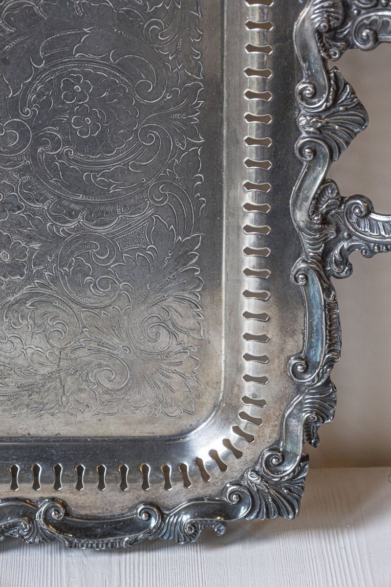 Early 20th Century English Silver Plate Serving Tray with Ornate Handles - JAA