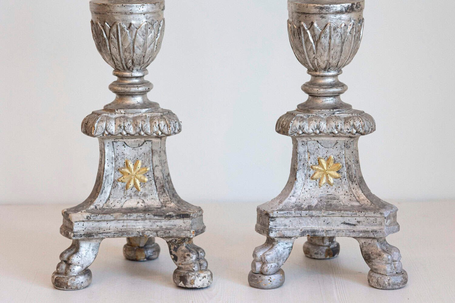 40% OFF at Checkout. Pair of Italian 18th Century Silver Candlesticks with Gilt Star and Waterleaves - JAA