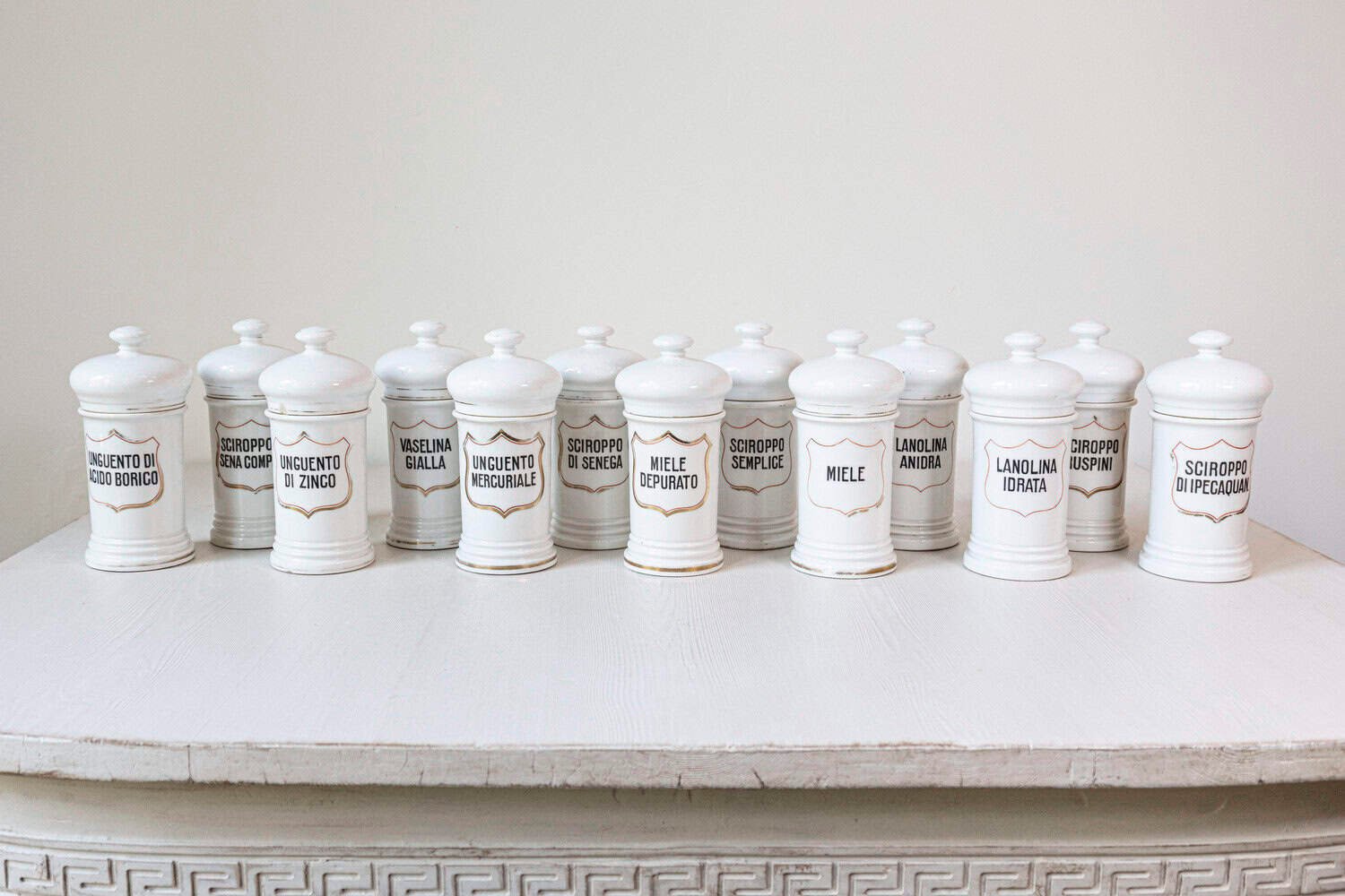13 Vintage Italian Porcelain Pharmacy Jars with Labels, Sold Each - JAA