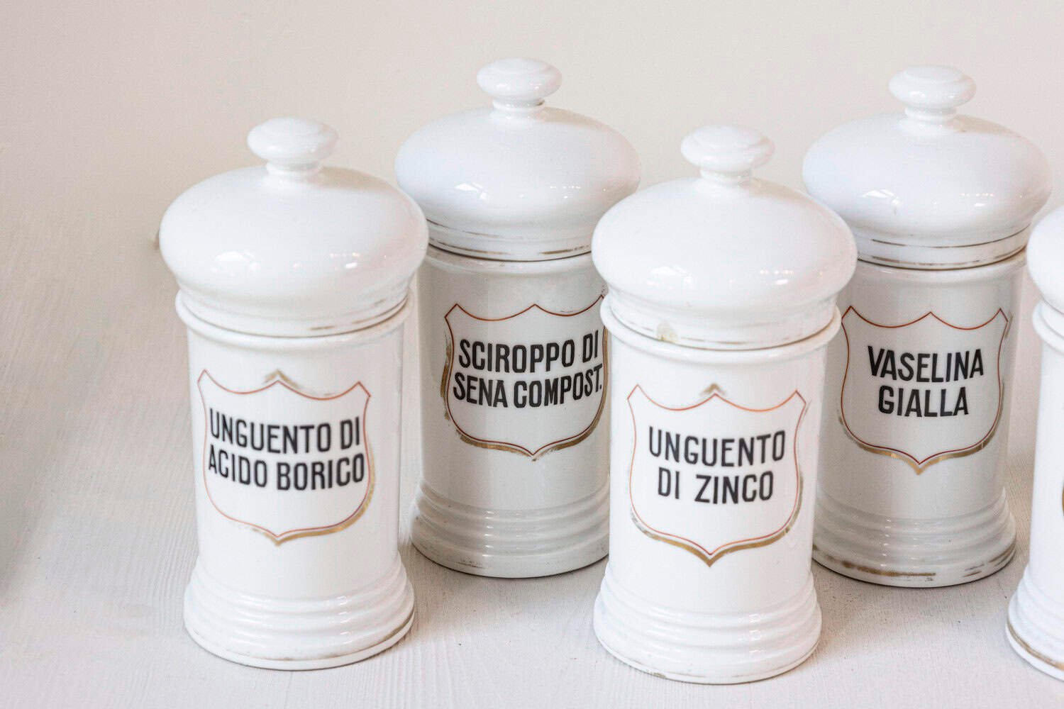 13 Vintage Italian Porcelain Pharmacy Jars with Labels, Sold Each - JAA