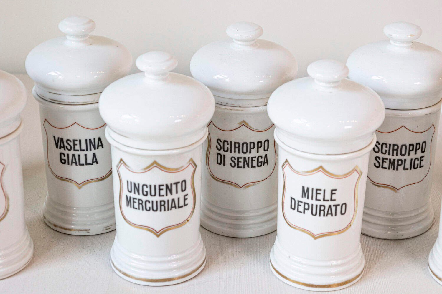 13 Vintage Italian Porcelain Pharmacy Jars with Labels, Sold Each - JAA