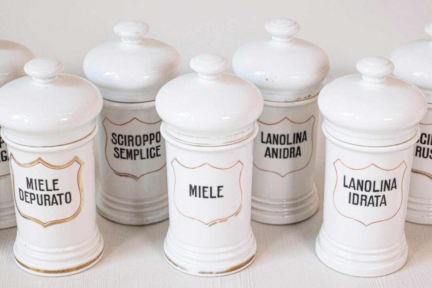 13 Vintage Italian Porcelain Pharmacy Jars with Labels, Sold Each - JAA