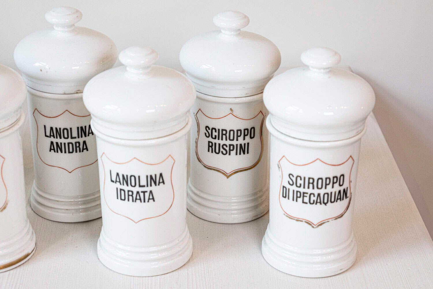 13 Vintage Italian Porcelain Pharmacy Jars with Labels, Sold Each - JAA