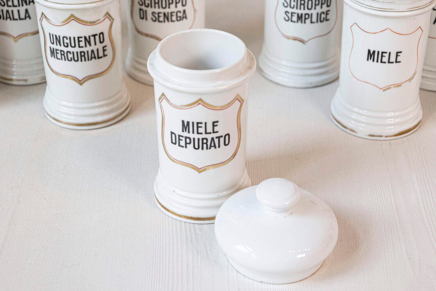 13 Vintage Italian Porcelain Pharmacy Jars with Labels, Sold Each - JAA