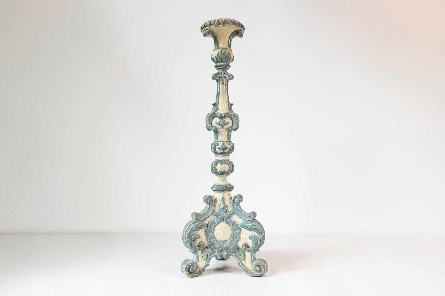 40% OFF at Checkout. 18th Century Italian Rococo Single Carved Candlestick, Painted with Blue Accents - JAA