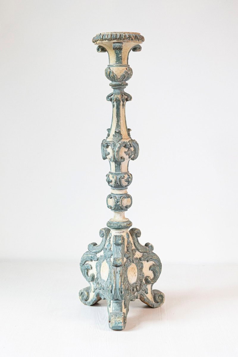 40% OFF at Checkout. 18th Century Italian Rococo Single Carved Candlestick, Painted with Blue Accents - JAA