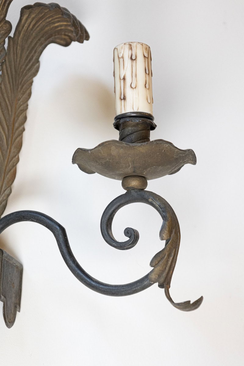 Pair of French Tôle Two-Light Sconces with Ostrich Plume Motifs, circa 1890 - JAA