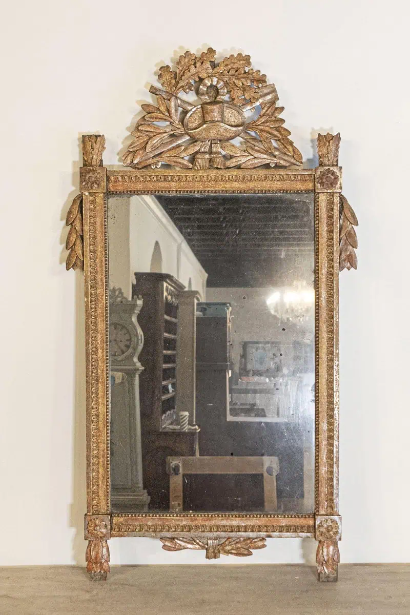 French 1790s Louis XVI Giltwood Wall Mirror with Carved Gardening Crest - JAA