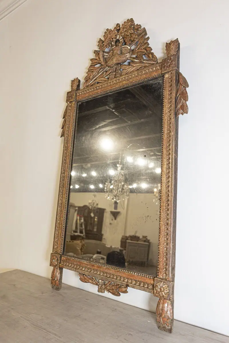French 1790s Louis XVI Giltwood Wall Mirror with Carved Gardening Crest - JAA