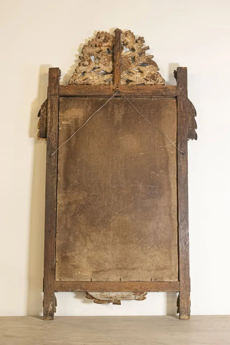 French 1790s Louis XVI Giltwood Wall Mirror with Carved Gardening Crest - JAA