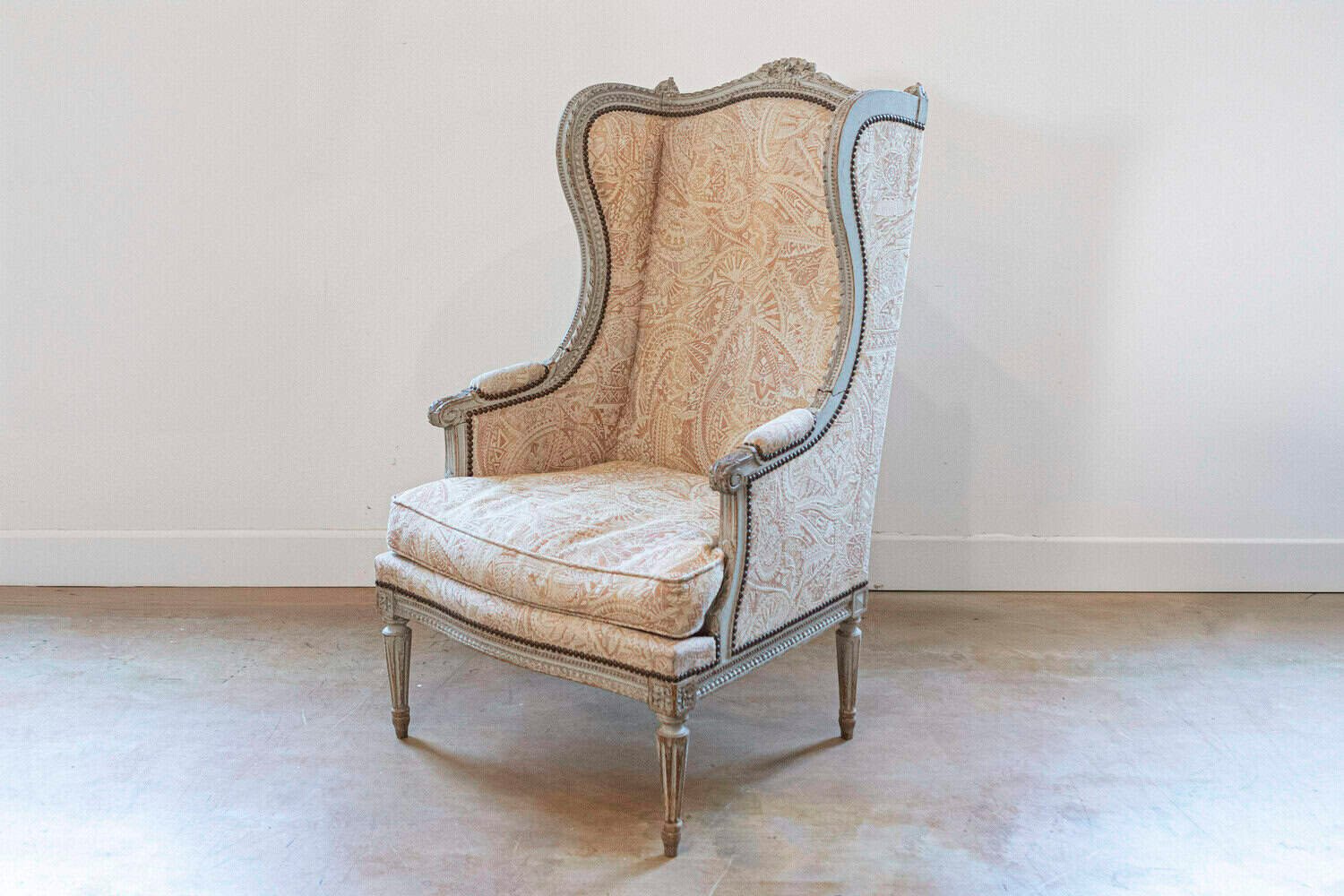 Pair of French Louis XVI Style Painted and Carved Wooden Bergères à Oreilles - JAA