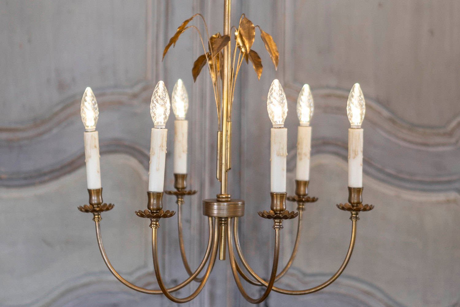 French Gilt Metal Maison Charles Inspired Six-Light Chandelier with Swoop Arms - JAA