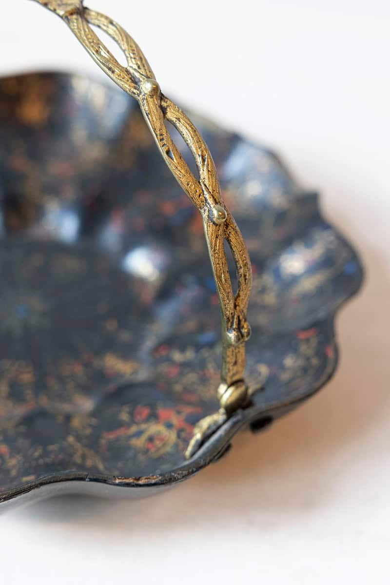 19th-Century French Toleware Basket with Gilded Floral Handle - JAA