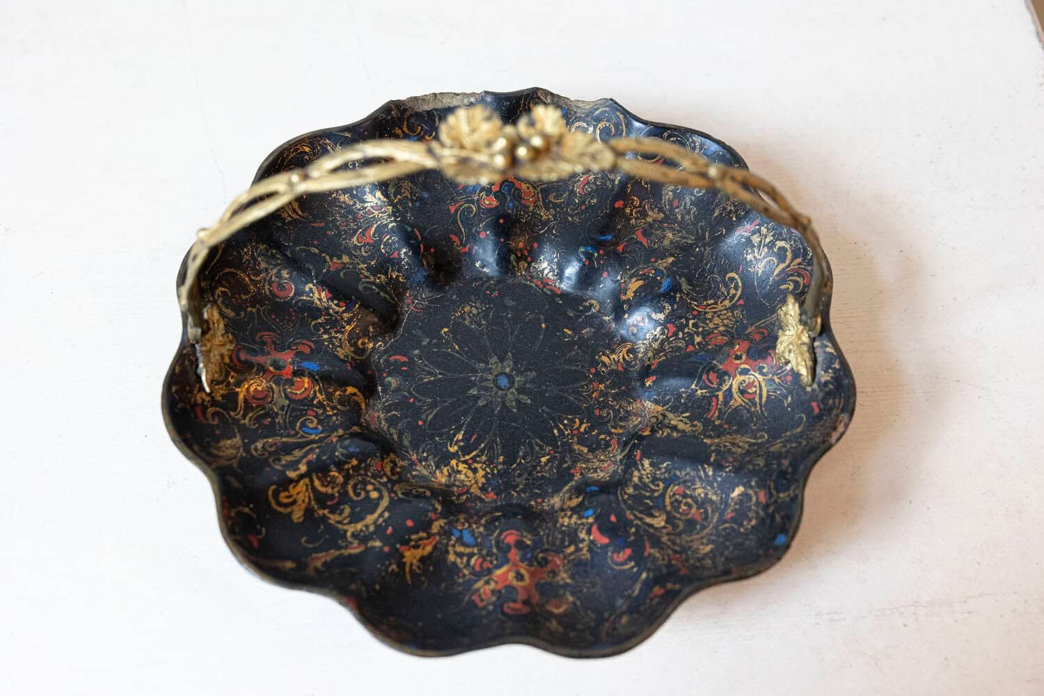 19th-Century French Toleware Basket with Gilded Floral Handle - JAA