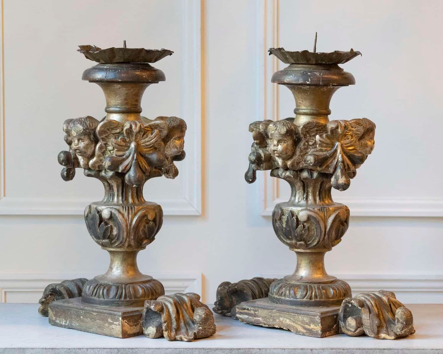 Exceptional Pair of 18th-Century Italian Silvered Wood Candlesticks with Angel Heads - JAA