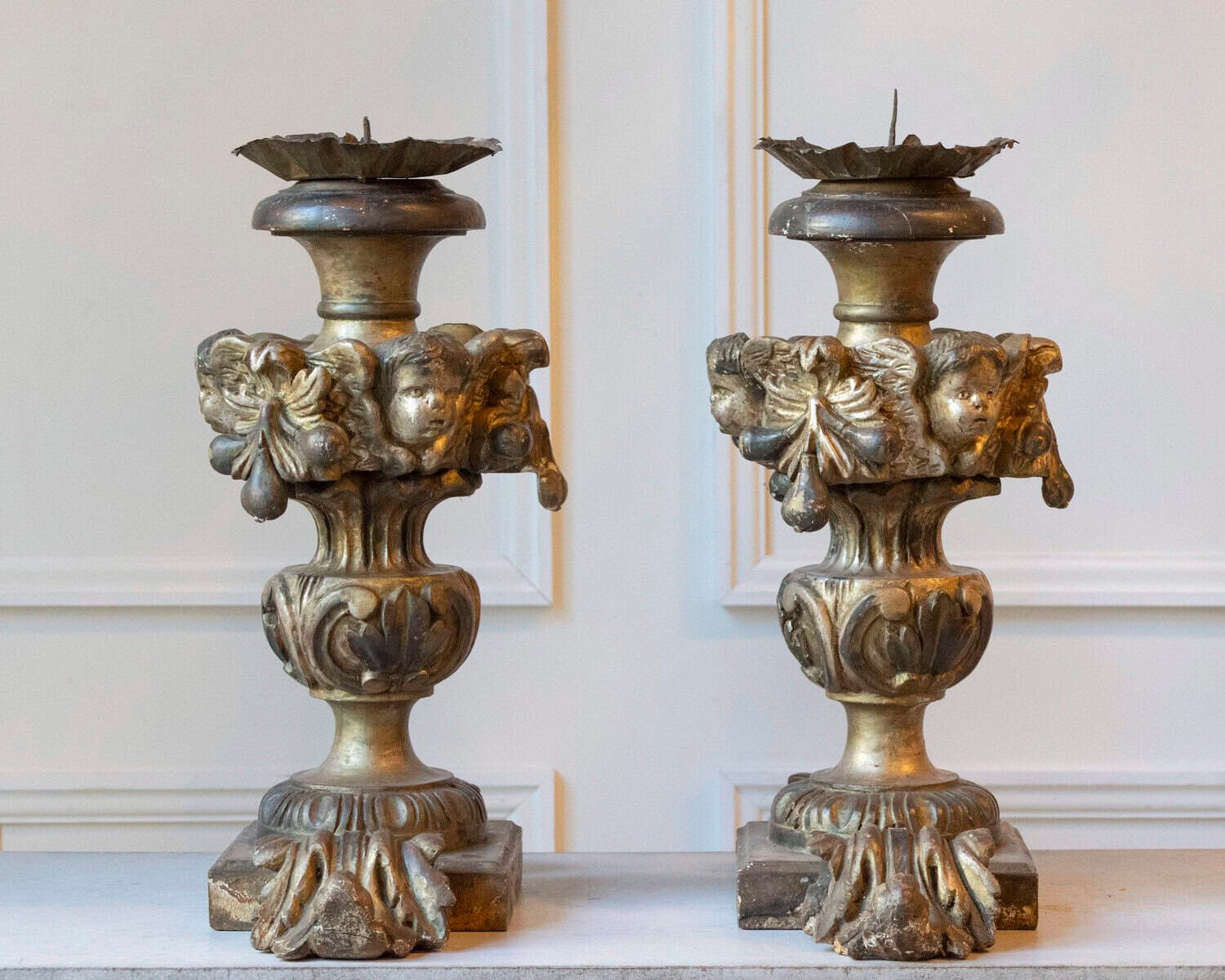 Exceptional Pair of 18th-Century Italian Silvered Wood Candlesticks with Angel Heads - JAA