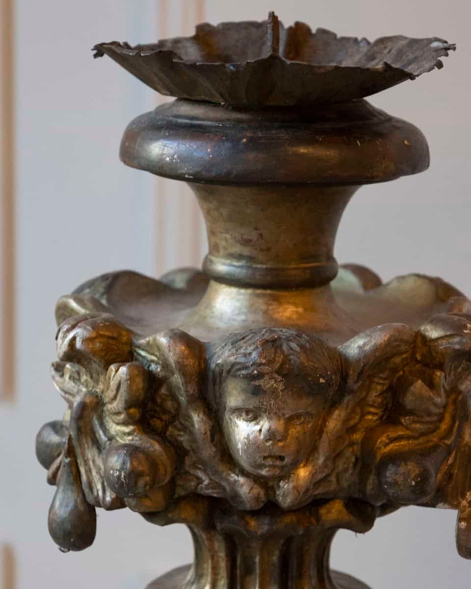 Exceptional Pair of 18th-Century Italian Silvered Wood Candlesticks with Angel Heads - JAA