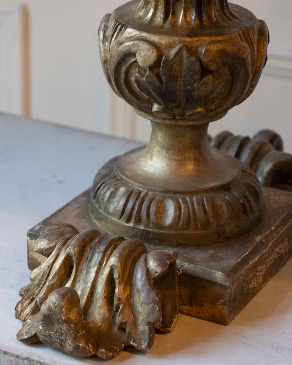 Exceptional Pair of 18th-Century Italian Silvered Wood Candlesticks with Angel Heads - JAA