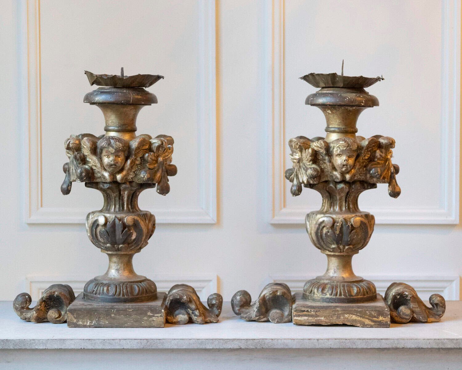 Exceptional Pair of 18th-Century Italian Silvered Wood Candlesticks with Angel Heads - JAA