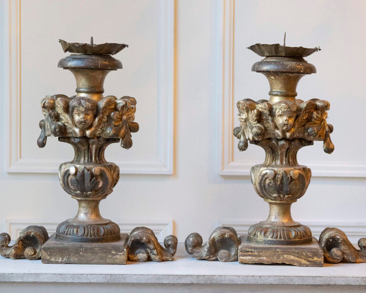 Exceptional Pair of 18th-Century Italian Silvered Wood Candlesticks with Angel Heads - JAA