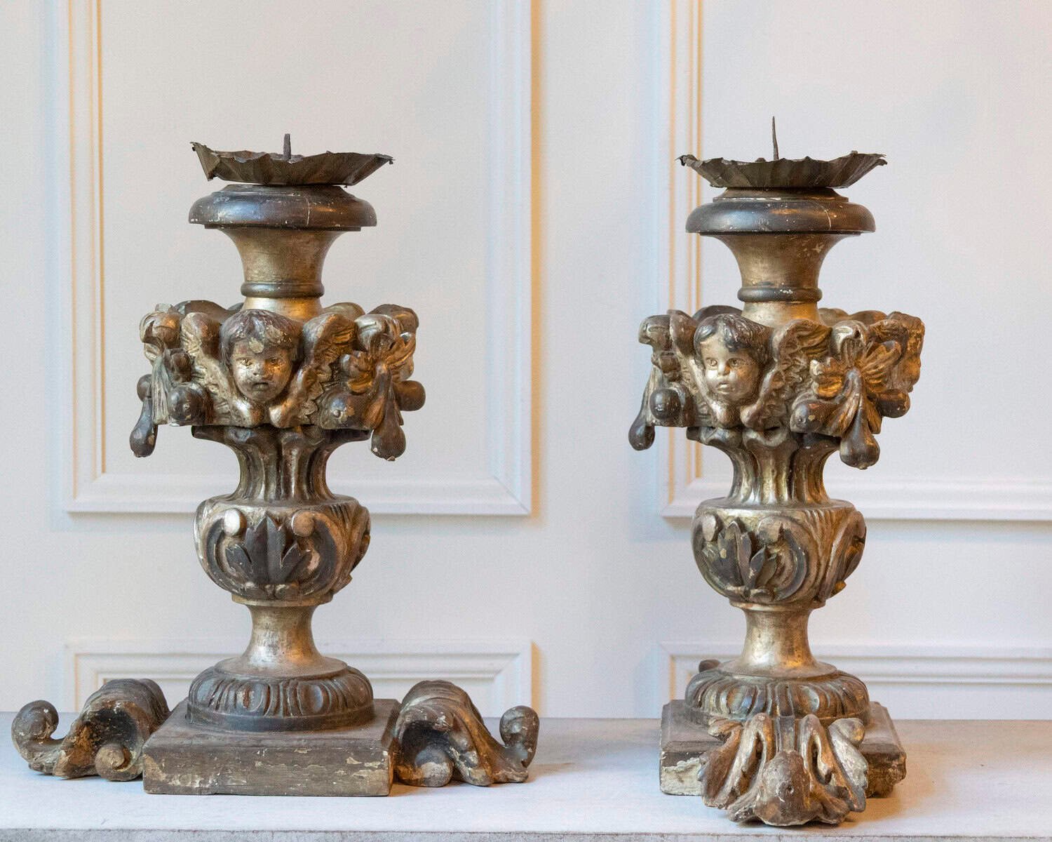 Exceptional Pair of 18th-Century Italian Silvered Wood Candlesticks with Angel Heads - JAA