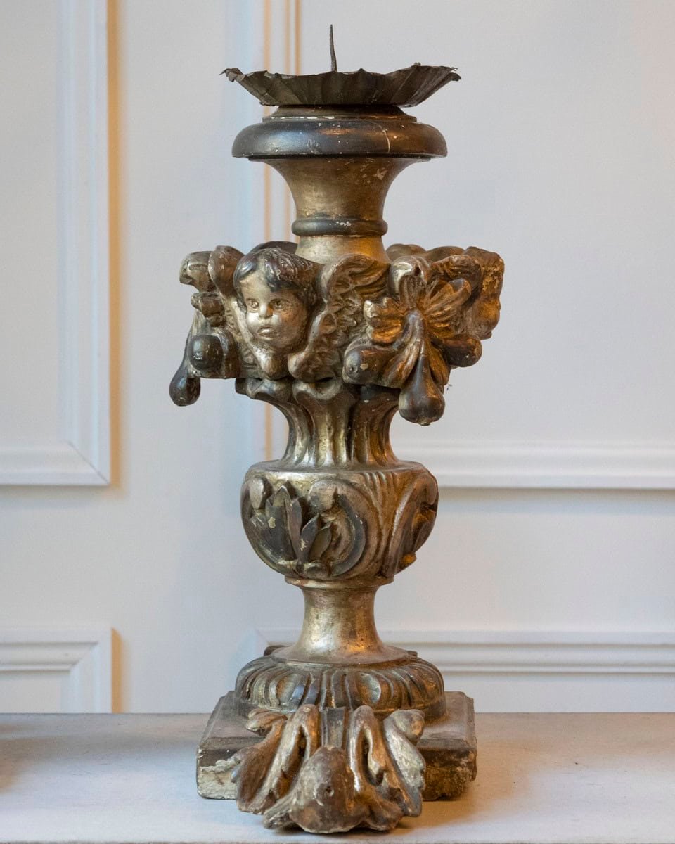 Exceptional Pair of 18th-Century Italian Silvered Wood Candlesticks with Angel Heads - JAA