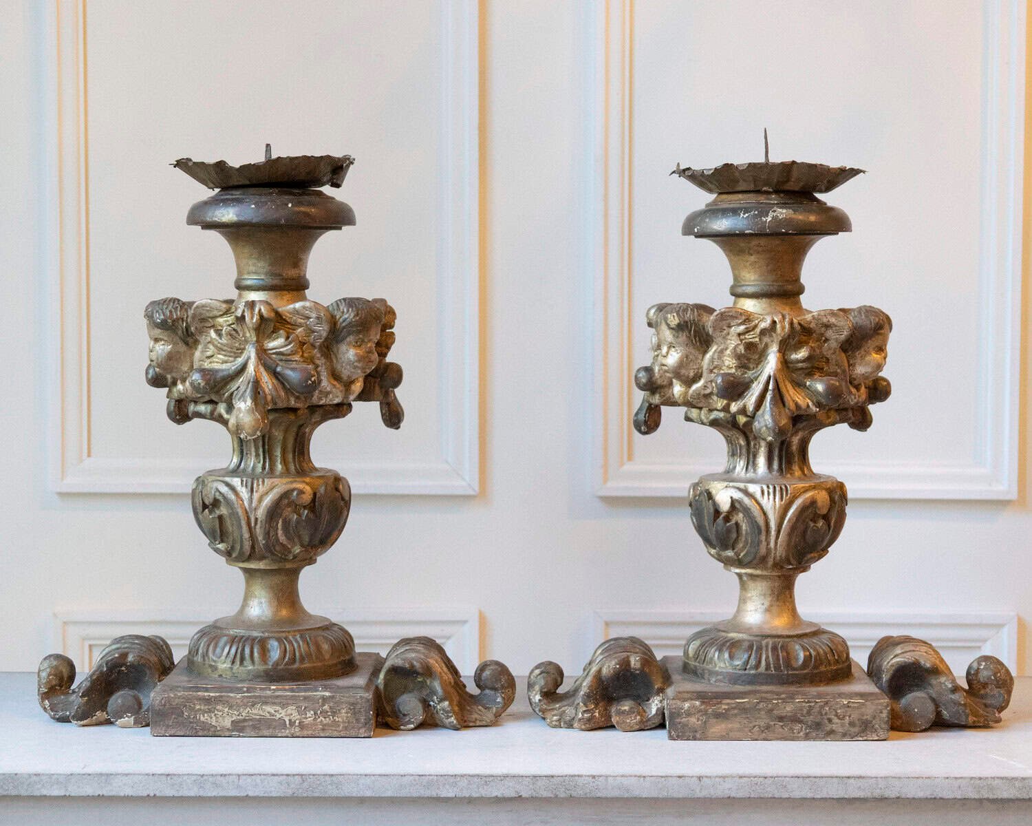 Exceptional Pair of 18th-Century Italian Silvered Wood Candlesticks with Angel Heads - JAA