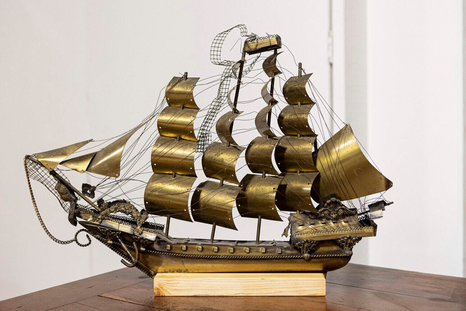 Venetian Brass Four-Masted Model Ship with Detailed Décor, Mounted on Base - JAA