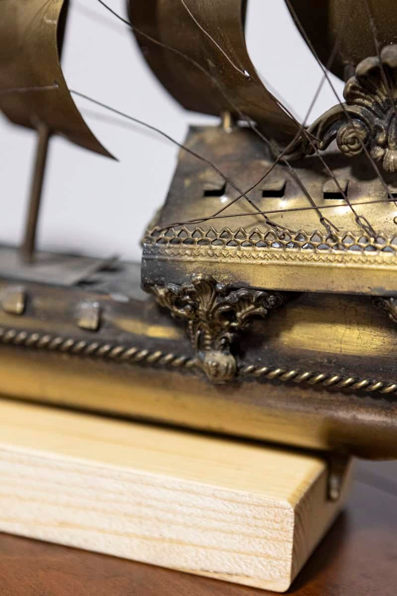 Venetian Brass Four-Masted Model Ship with Detailed Décor, Mounted on Base - JAA