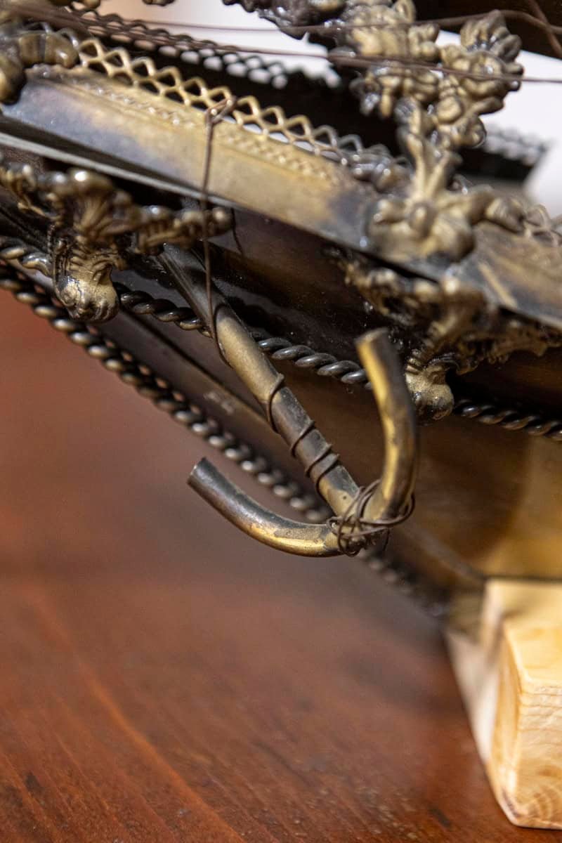 Venetian Brass Four-Masted Model Ship with Detailed Décor, Mounted on Base - JAA