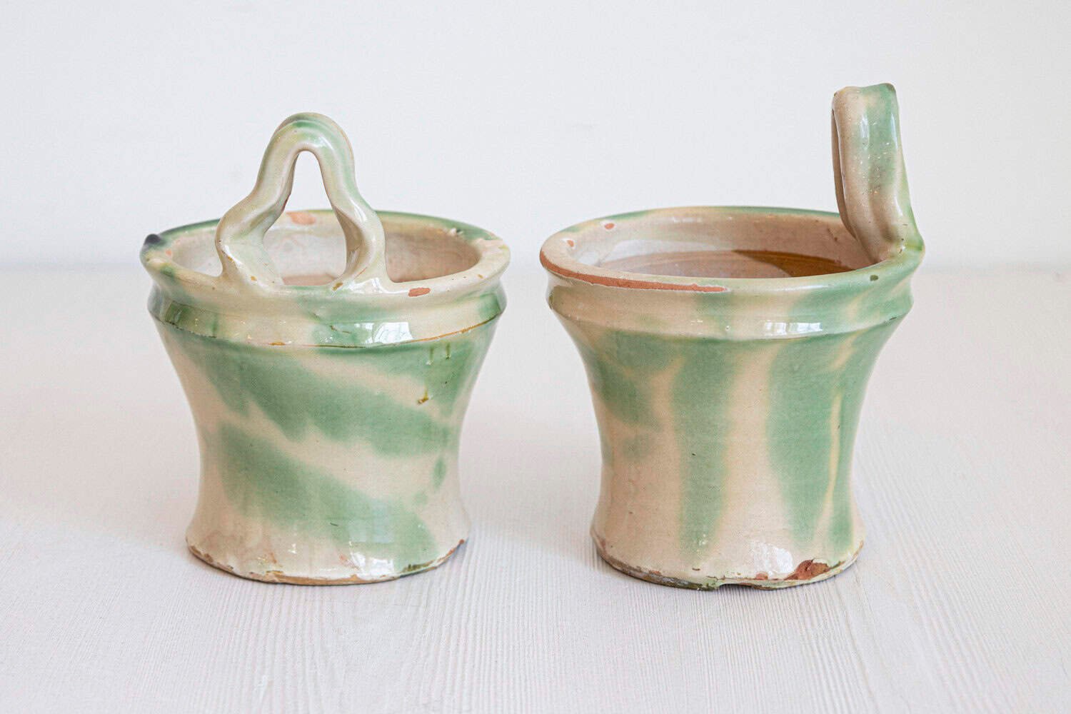 Pair of French 19th Century Green and Yellow Glazed Pottery Hanging Planters - JAA