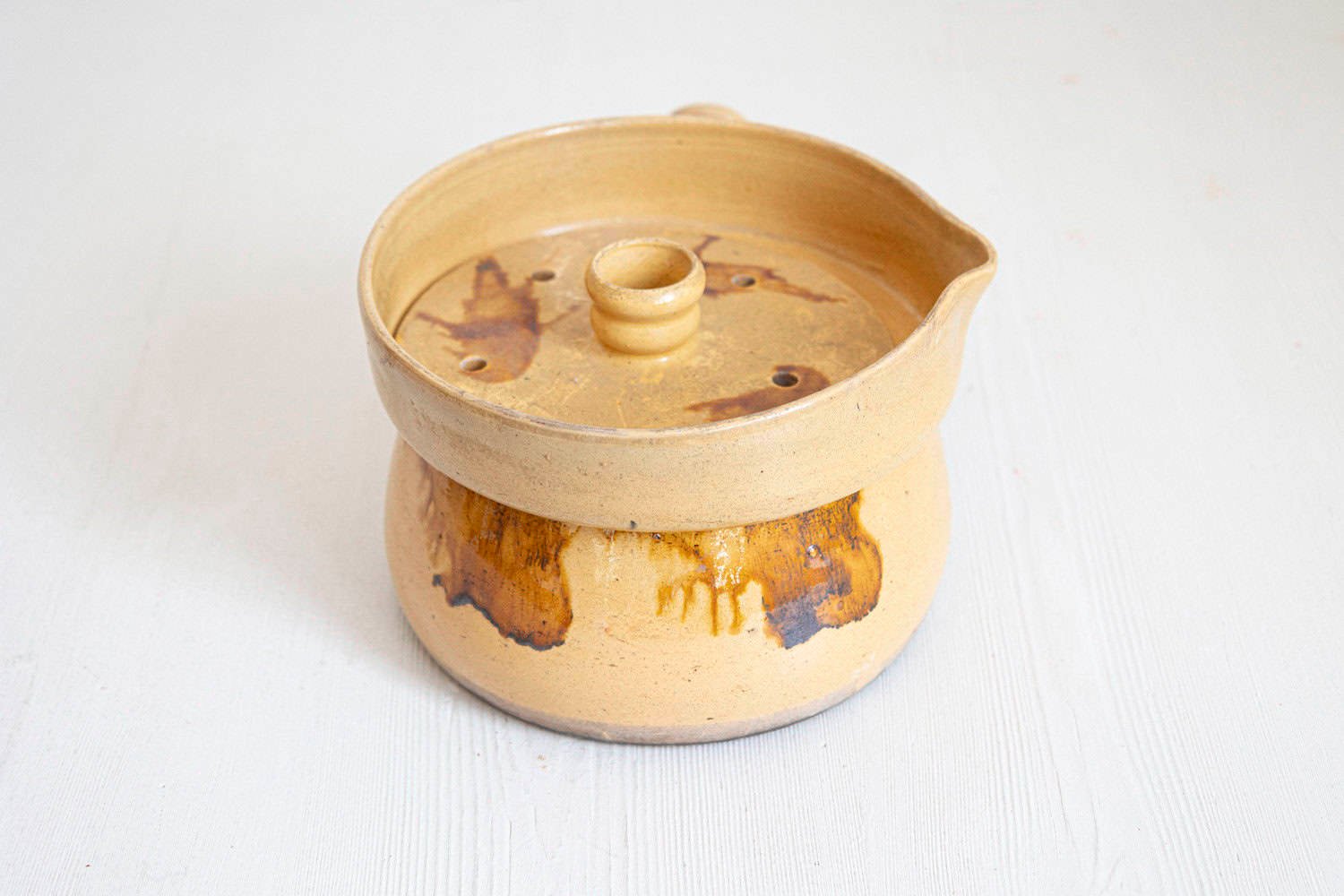 French 19th Century Yellow Glazed Pottery Steamer with Lid and Rust Accents - JAA