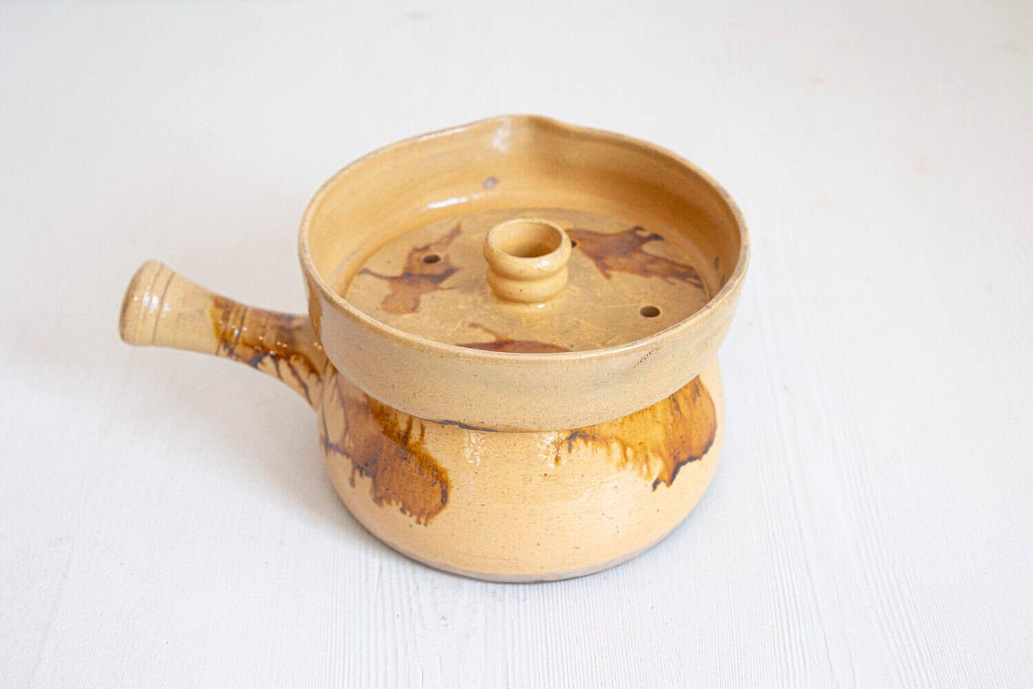 French 19th Century Yellow Glazed Pottery Steamer with Lid and Rust Accents - JAA