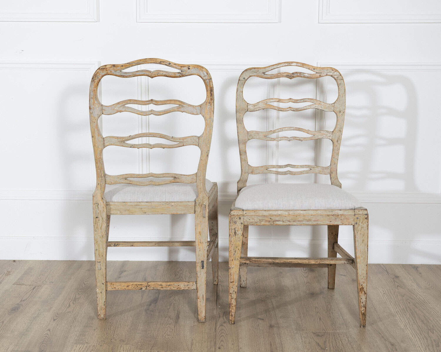 ON TRIAL - A set of four period Gustavian chairs scraped to original paint and newly covered in linen - JAA