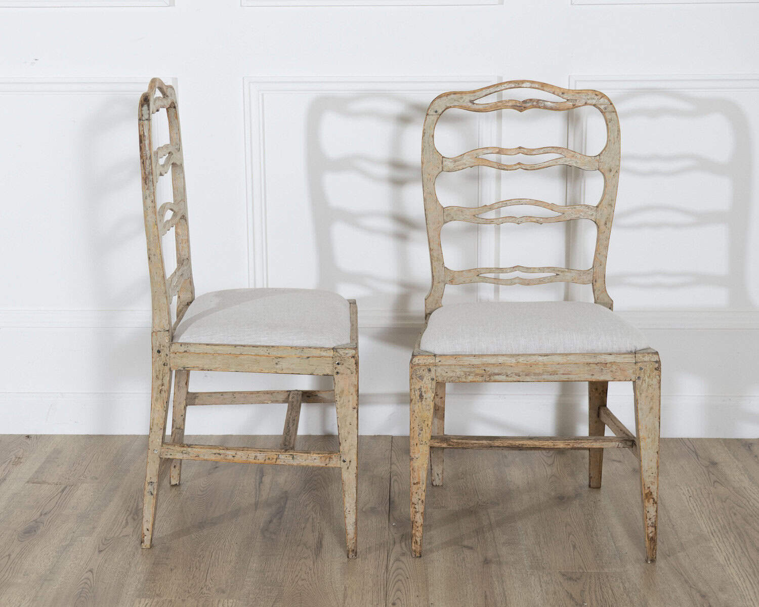 ON TRIAL - A set of four period Gustavian chairs scraped to original paint and newly covered in linen - JAA