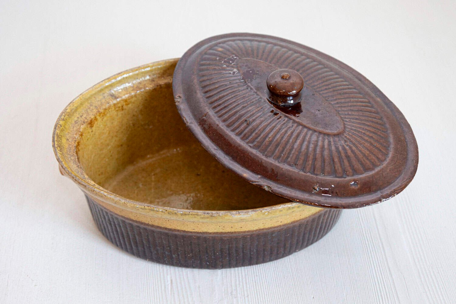 Rustic French 19th Century Covered Pâté Terrine with Brown and Gold Glaze - JAA