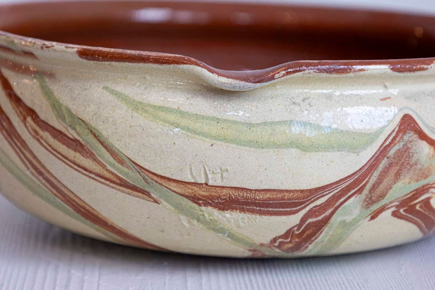 French 19th Century Glazed Pottery Serving Dish with Terracotta and Gold Glaze - JAA