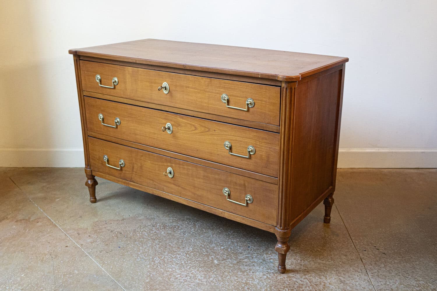 French 1790s Louis XVI Period Three-Drawer Cherry Commode with Brass Hardware - JAA