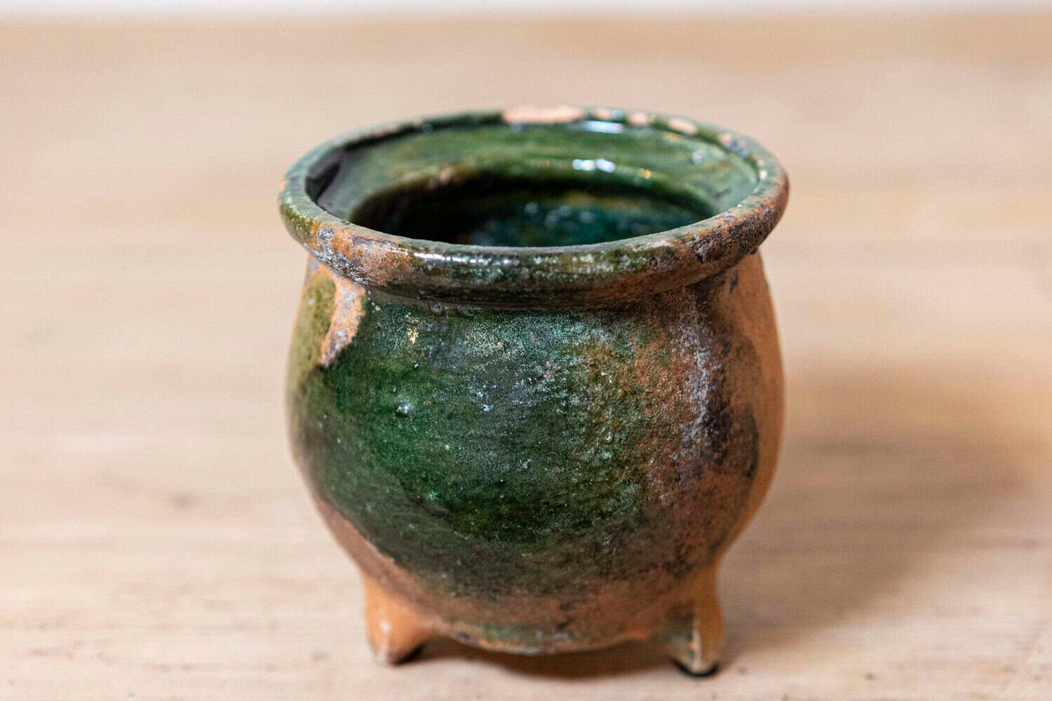 French Provincial 19th Century Green Glazed Pottery with Tripod Base and Handle - JAA