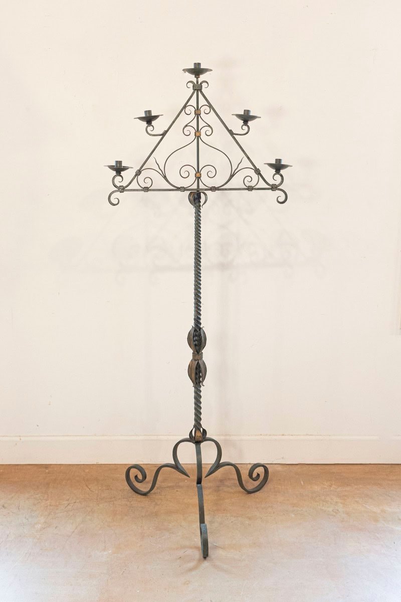French Wrought Iron Five Light Candelabra with Celadon Lacquer and Gilt Accents - JAA