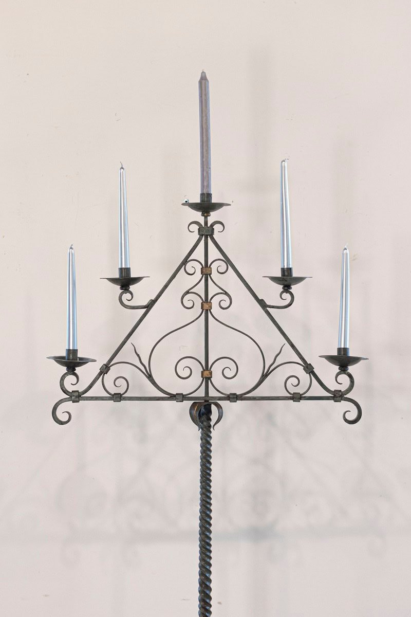 French Wrought Iron Five Light Candelabra with Celadon Lacquer and Gilt Accents - JAA