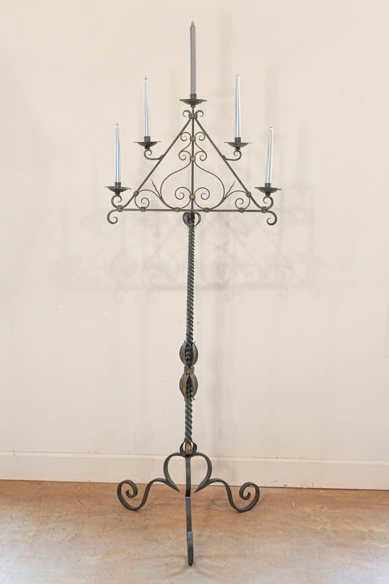 French Wrought Iron Five Light Candelabra with Celadon Lacquer and Gilt Accents - JAA