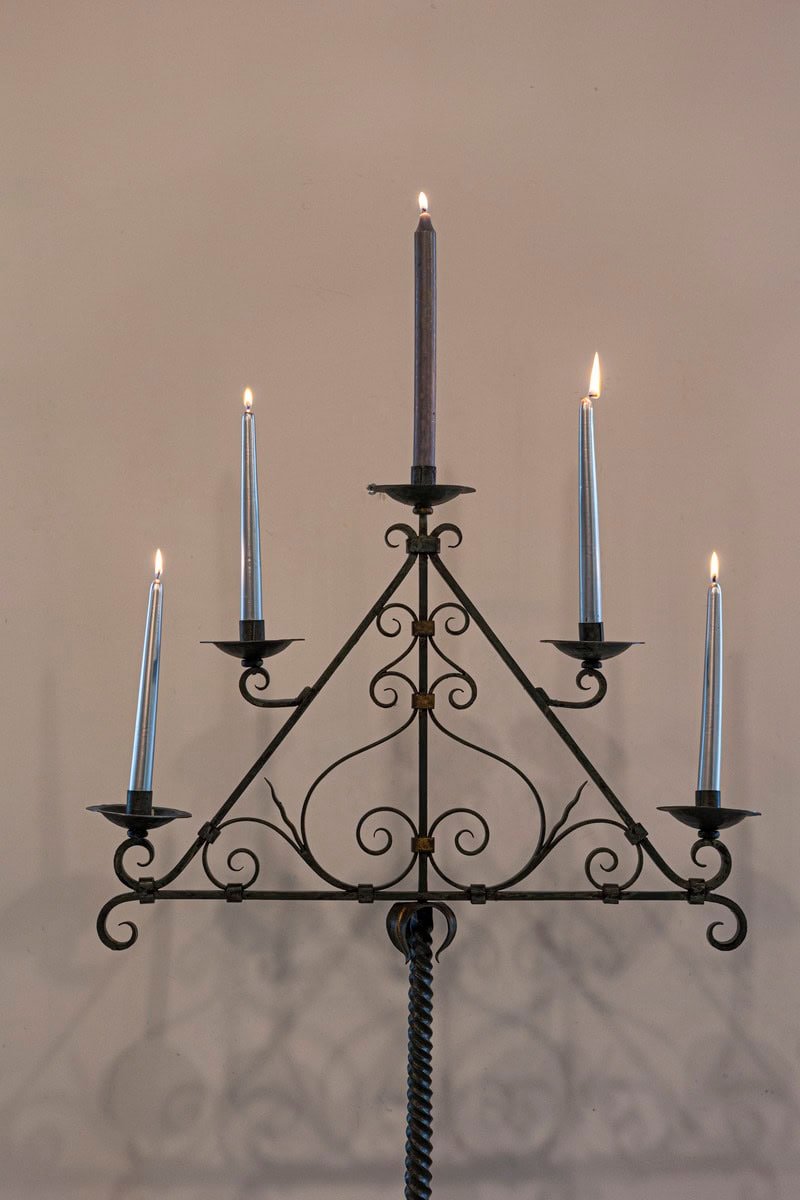 French Wrought Iron Five Light Candelabra with Celadon Lacquer and Gilt Accents - JAA