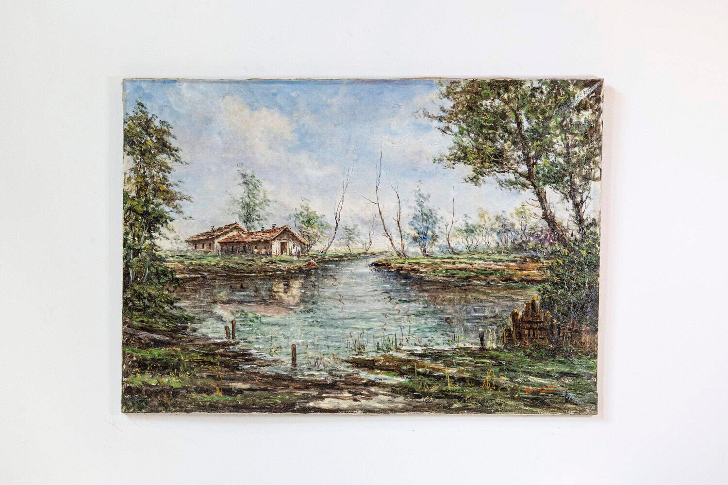 Austrian Oil Painting by Anton Brioschi Depicting a Hamlet Along a Stream - JAA