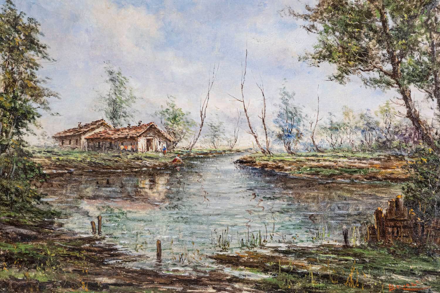 Austrian Oil Painting by Anton Brioschi Depicting a Hamlet Along a Stream - JAA