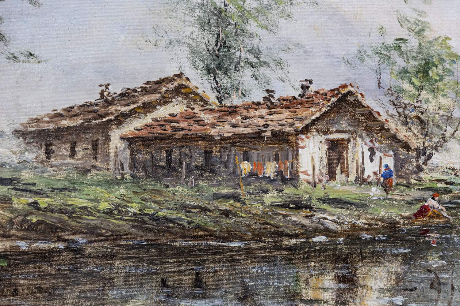 Austrian Oil Painting by Anton Brioschi Depicting a Hamlet Along a Stream - JAA