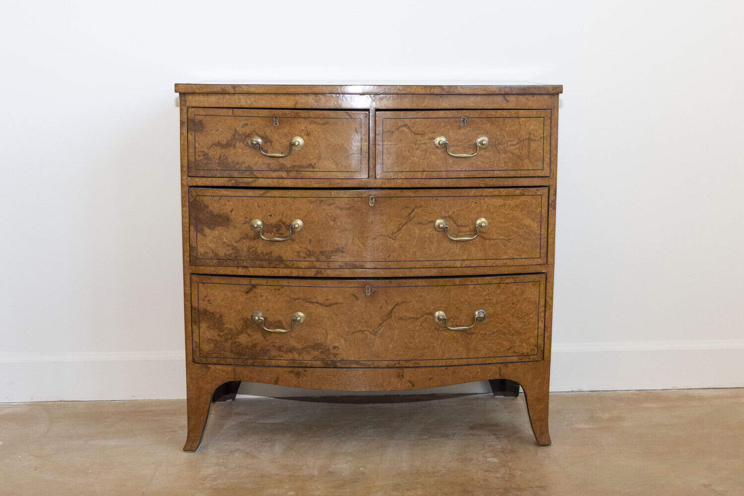 English Burr Walnut Bow Front Chest of Drawers circa 1870 with