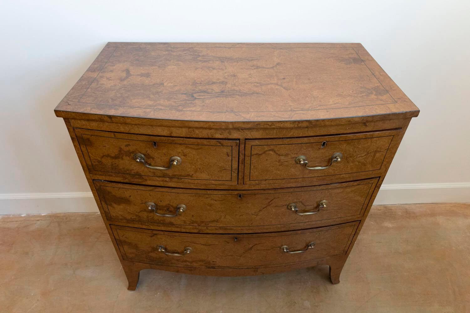English Burr Walnut Bow Front Chest of Drawers circa 1870 with Bookmatch Veneer - JAA