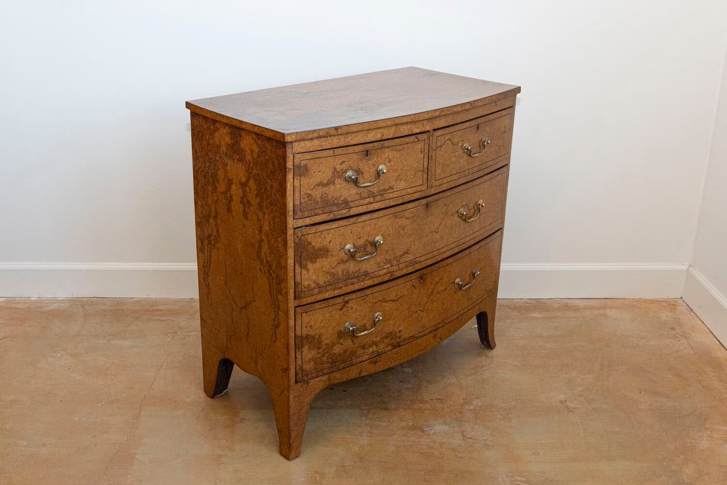 English Burr Walnut Bow Front Chest of Drawers circa 1870 with Bookmatch Veneer - JAA